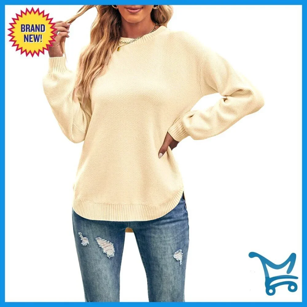 Oversized Waffle Knit Pullover Cozy Casual Loose Fit Modern Side Split